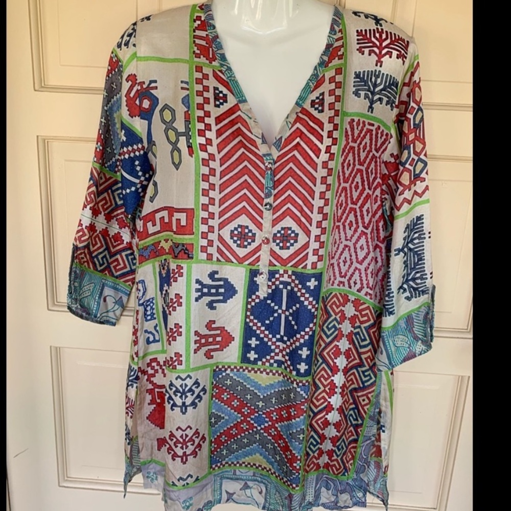 Johnny Was 100% Silk Tunic Blouse Top Size XS